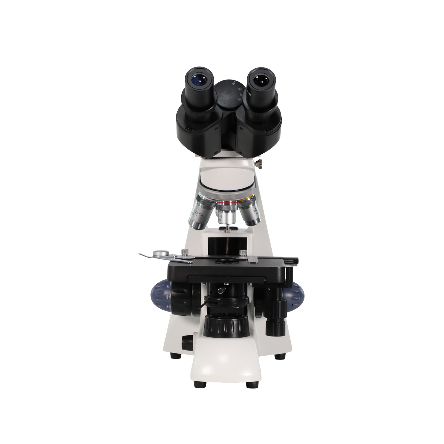 NanoQuest Student Microscope with binocular eyepieces, mechanical stage, and multiple objective lenses, shown at an angled front view.