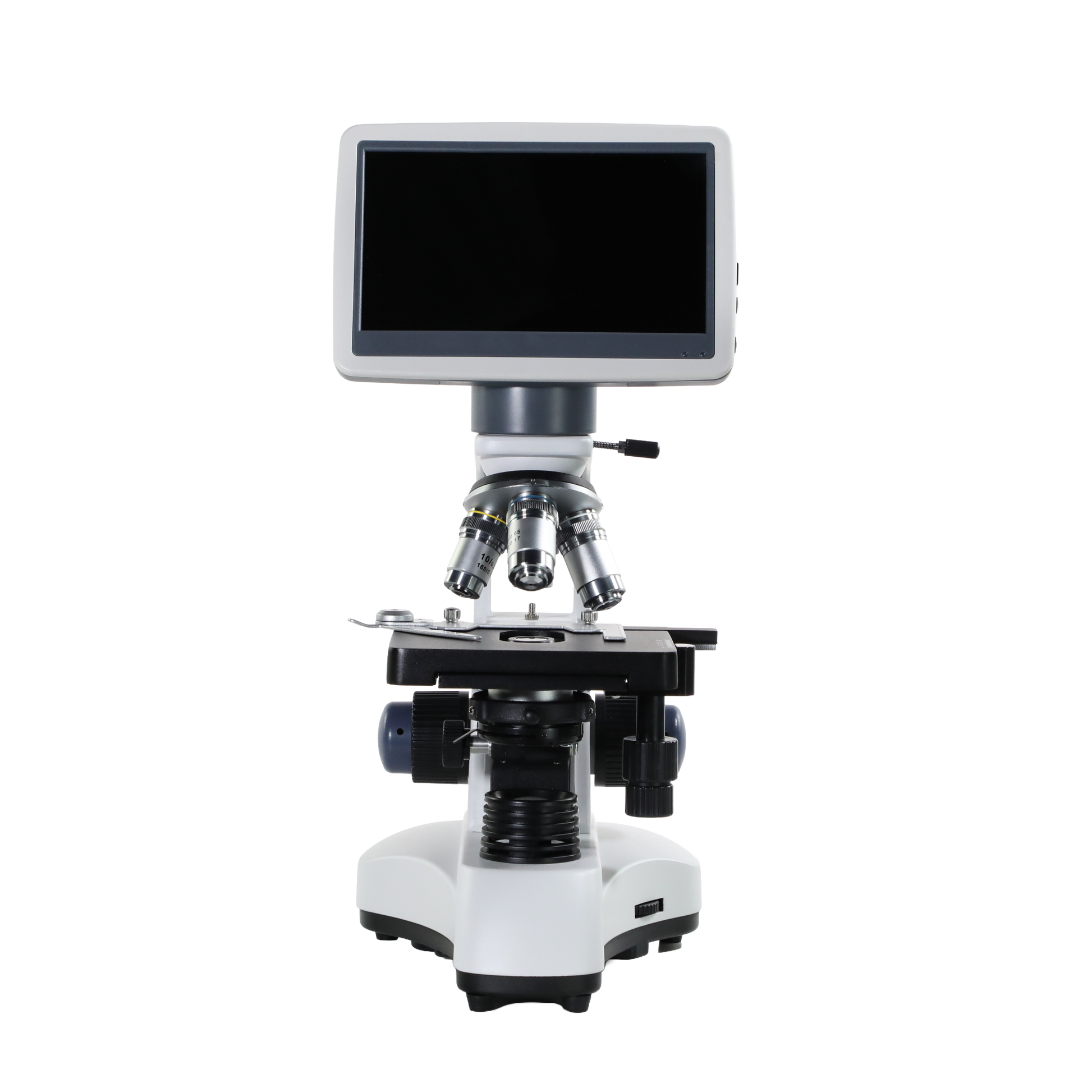 White compound microscope with integrated digital screen, shown from the front on a white background.
