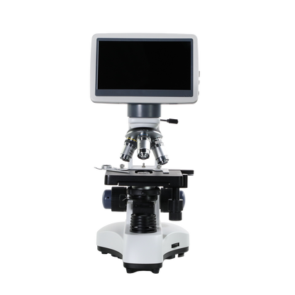 White compound microscope with integrated digital screen, shown from the front on a white background.