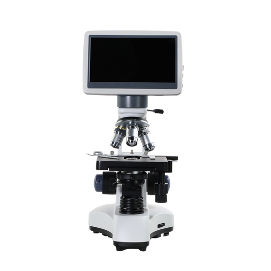 White compound microscope with integrated digital screen, shown from the front on a white background.